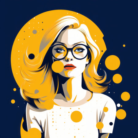 a girl in glasses with colorful earrings stands out against a vibrant yellow background. the graphic design poster art style features a combination of dark blue and white, creating a dotted, fluid, and loose effect. the romantic illustration showcases a mix of dark yellow and dark white tones, giving it a caricature-like appearance. ai generatedの素材