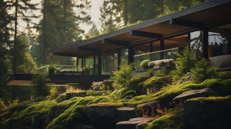a house nestled in a serene woodland setting, adorned with lush green moss and surrounded by an abundance of rocks. the streamlined architecture, crafted with precisionist lines and made of glass, exudes a dreamlike and hazy atmosphere. this whistlerian-inspired dwelling seamlessly merges with its natural surroundings, creating an atmospheric and captivating terragen. ai generatedの素材