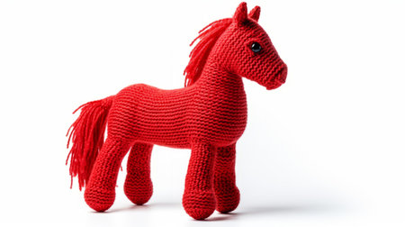 a handmade stuffed horse in a vibrant red color, crafted with intricate knitting and crocheting techniques. this unique creation by carsten holler features monochromatic shadows, showcasing a minimalistic design. the high level of detail is captured in stunning 32k uhd resolution. this creative commons attribution piece is a testament to the artistry of handmade objects. ai generatedの素材