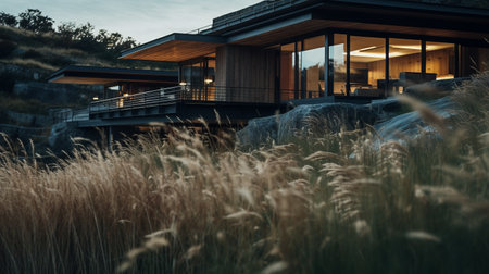 a simple contemporary home perched on a rocky cliff, captured in the atmospheric style of american tonalism. this 32k uhd photograph showcases the darktable processing and schlieren photography techniques used. the image beautifully combines the joyful celebration of nature with the industrial brutalist elements of the home. ai generatedの素材