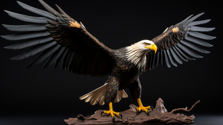 a sculpture of an eagle perched on a branch, created in the style of zbrush, showcases a vibrant portrayal of movement. hand-painted with intricate details, this dark yellow and dark white sculpture captures the essence of the majestic bird. crafted with multilayered realism using cardboard, it is beautifully captured through the lens of the samyang af 14mm f2.8 rf. ai generatedの素材