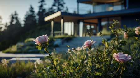 a panoramic portrait showcasing a house surrounded by vibrant and colorful flowers. this stunning image, inspired by the style of unreal engine 5 and bjarke ingels, features selective focus and a beautiful combination of light pink and bronze tones. the composition exudes a whistlerian aesthetic, highlighting the polished craftsmanship and capturing the beauty of outdoor scenes. ai generatedの素材
