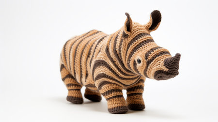 a crochet toy animal rhino at the zoo, featuring striped compositions and mind-bending sculptures. this adorable toy showcases a combination of light orange and dark brown colors, with photorealistic detailing. inspired by african textile patterns from 500-1000 ce, the rhino is beautifully crafted with precisionist lines. ai generatedの素材
