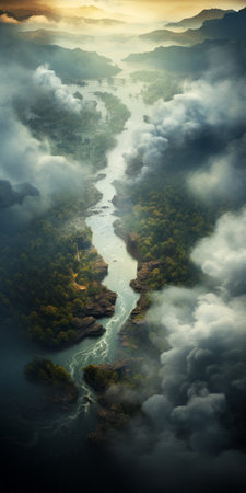 aerial view photograph of a river flowing through clouds below the sky. this nature-inspired image captures the multilayered realism and atmospheric portraits reminiscent of the heidelberg school. the romanticized depiction of wilderness is beautifully portrayed through the lens of a canon eos 5d mark iv. ai generatedの素材