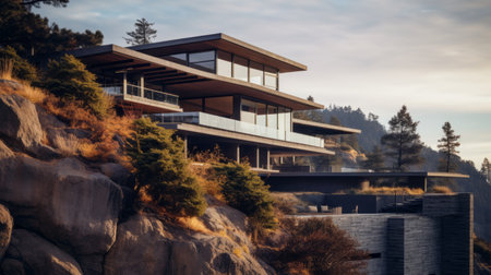 shin kanda modern house perched on a cliff, surrounded by mountains, bathed in the soft glow of sunrise. this architectural masterpiece, inspired by the vancouver school, showcases naturalistic details and a moody, tranquil ambiance. with its eerily realistic and dynamic outdoor shots, this scene captures the essence of william wendt's artistic vision. ai generatedの素材