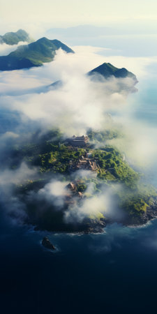 a white cloud blankets an island in the sea, reminiscent of mayan art and architecture. this national geographic photo captures the soft atmospheric scenes with a touch of japanese inspiration. the image, rendered in cryengine, showcases the island's medieval-inspired beauty in stunning 8k resolution. ai generatedの素材