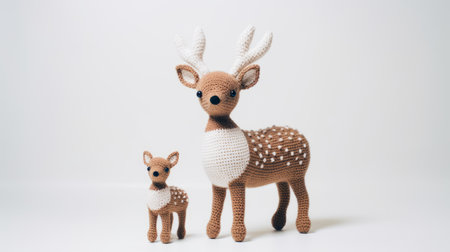 a handmade deer and her baby are captured in this photo, showcasing a knitted piece of fabric. the style is a blend of realistic yet stylized elements, with dotted patterns reminiscent of knitted and crocheted designs. the color palette features light brown and white hues, while elaborate beadwork adds intricate details. the proportions of the deer and baby give them a toy-like appearance. ai generatedの素材