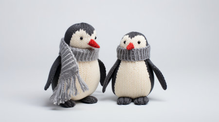 a cute pair of knit wooden penguins wearing scarfs, captured in a monochromatic shadow style. these bold and angular penguins were photographed using a lensbaby composer pro ii with edge 50 optic, resulting in a playful use of line. the organic material and unpolished finish add to their charm. ai generatedの素材