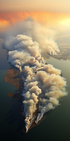 white fire smoke rises, creating a mesmerizing aerial view as it blankets a serene lake. this captivating photo, captured with the hasselblad h6d-400c and nikon d750, showcases the rough clusters of smoke billowing upwards. it evokes the powerful works of artists george catlin and robert bissell, while also reminding us of the intense coverage of the nyc explosion. ai generatedの素材