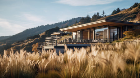 a modern house perched on a hill, surrounded by tall grass, showcases the stunning beauty of coastal landscapes. this captivating image, created in the style of unreal engine 5, features a blend of indigo and gold hues. with focus stacking techniques, the commercial imagery captures the essence of the northwest school, evoking an atmospheric and dreamy ambiance. ai generatedの素材