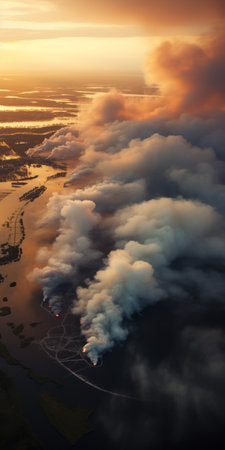 aerial abstraction of thuglife on lake placid fires captured by theodorous osborn in the style of national geographic. this stunning image showcases the australian landscape with dusty piles contrasting against the vibrant fire. shot with a hasselblad h6d-400c, the 32k uhd resolution brings out the intricate details of this captivating scene. ai generatedの素材