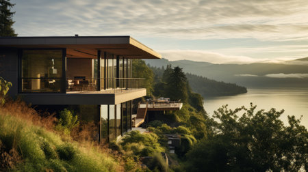 a photo of a new modern style residence situated on taskos natural lake, inspired by the vancouver school and the ricoh gr iii camera. the image captures ethereal nature scenes with vray tracing, showcasing the influence of american tonalist and coastal landscapes reminiscent of the hudson river school. ai generatedの素材
