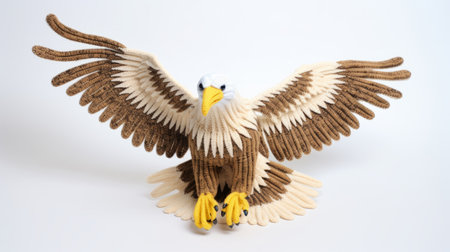 the photo showcases a stunning eagle sculpture crafted with red, white, and blue colored knitting. the intricate design incorporates shades of dark beige, light beige, and dark yellow, resembling sculptural paper constructions. the hyper-realistic animal illustration captures the eagle's majestic presence, depicted in a combination of white and brown hues. this unique artwork combines elements of aurorapunk and code-based creations. ai generatedの素材