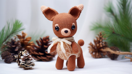 a knitted deer, adorned with pine branches and pine cones, showcases the kawaii style with delicate modeling. this plush doll art piece features a light brown color and is skillfully crafted using a combination of knitting and crocheting techniques. the intertwining materials create an eye-catching and unique design. ai generatedの素材