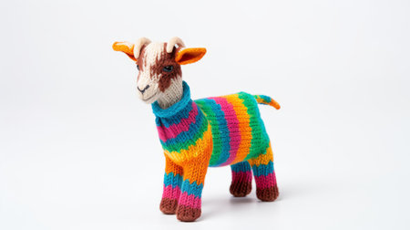 the toy goat doll is a high detailed, warmcore creation in a bright colored, striped composition. with its unpolished authenticity, this knitted and crocheted wildlife toy showcases intricate craftsmanship. its 32k uhd resolution captures every detail, making it a visually stunning addition to any collection. ai generatedの素材