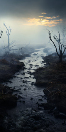 a foggy day captured in a photo of a river, rendered in the cinematic style of cinema4d. the image showcases a hauntingly beautiful scene with burned and charred elements, chilling creatures, and a low depth of field. this national geographic photo captures the essence of atmospheric installations and evokes poetic pastoral scenes. ai generatedの素材