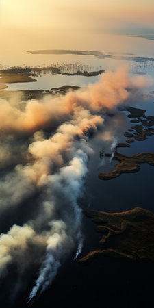 aerial photograph capturing a fire on a marshland in russia. edmonton firefighter scott roslyn battles the flames amidst the serene atmospheric perspective. the image showcases the organic formations of the fire and the lively coastal landscapes. shot with a zeiss batis 18mm f2.8 lens, the photo exudes a captivating essence, beautifully captured by photographer nicolas delort. ai generatedの素材