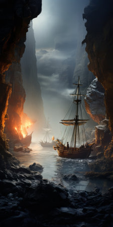 a pirate ship rests amidst the remains of an ancient shipwreck, nestled within a mystical nympha forest. this captivating artwork, inspired by the style of jessica rossier, showcases a classical and historical genre scene reminiscent of david nordahl's military and naval depictions. the dark, white, and amber tones add depth to the dynamic action unfolding within this intriguing passage of time. ai generatedの素材