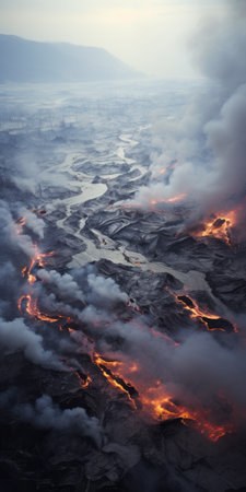 aerial view of a mesmerizing night scene capturing the flowing lava from the cloud, reminiscent of the artistic styles of erik johansson, rinko kawauchi, and oliver wetter. this commissioned photograph beautifully showcases the tropical landscapes with creased, crinkled, and wrinkled textures. the image is enhanced with rtx technology, adding a touch of realism and depth. ai generatedの素材