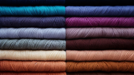 a photo showcasing various piles of yarn in different colors, reminiscent of the kodak portra style. the rich tonal palette and chromatic saturation create a tonalist color scheme. the image is sleek and stylized, capturing the beauty of knitted and crocheted creations. shot with fujifilm pro 400h. ai generatedの素材