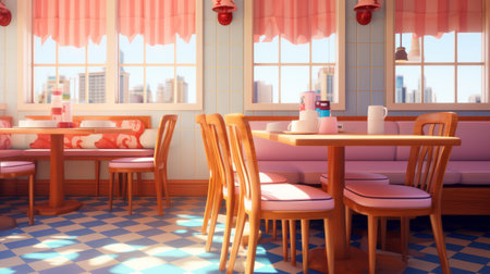 pink table and chairs in a diner-style cafe, featuring a playful cartoon-like design. the vibrant colors of light blue and amber create a classic americana atmosphere, blending elements of rusticcore and japanese minimalism. the use of ray tracing and vray tracing techniques enhances the visual appeal of this charming cafe setting. ai generatedの素材