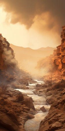 an artist's rendering of a desert landscape surrounding a river, featuring soft edges and atmospheric effects. this aggressive digital illustration showcases epic portraiture and firecore elements. the matte photo style highlights the light amber and orange tones, creating a captivating new topographics composition. ai generatedの素材