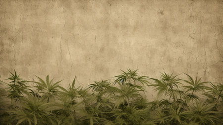 stone wall with cannabis leaves hd wallpaper featuring a grunge background. this dark beige and sky-blue styled image showcases delicately rendered landscapes, giving it a junglepunk vibe. with a matte finish, this desertwave-inspired photo captures the essence of nature. a stunning national geographic and associated press photo. ai generatedの素材