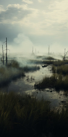 long grass surrounds a body of water, creating a post-apocalyptic atmosphere. the image features a smokey background, mystical terrains, and elements reminiscent of dutch marine scenes. the use of cryengine enhances the nostalgic surrealism of this site-specific work. ai generatedの素材