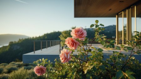 blooming roses adorn the balcony of a stunning modern home, showcasing the beauty of nature. the scene is reminiscent of the captivating style of unreal engine 5, with influences from whistlerian and california plein air art. the home's design reflects the principles of organic architecture, creating a rich and immersive experience. inspired by the northwest school, the engineering, construction, and design of this home areの素材