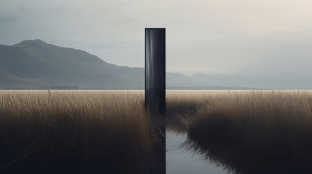 an oversized pole stands tall in a field, surrounded by layered and atmospheric landscapes. the dark reflections add depth to the scene, while the geometric minimalist sculptures create a unique contrast. this norwegian nature photograph captures the beauty of the scottish landscapes, delicately rendered in stunning 8k resolution. ai generatedの素材