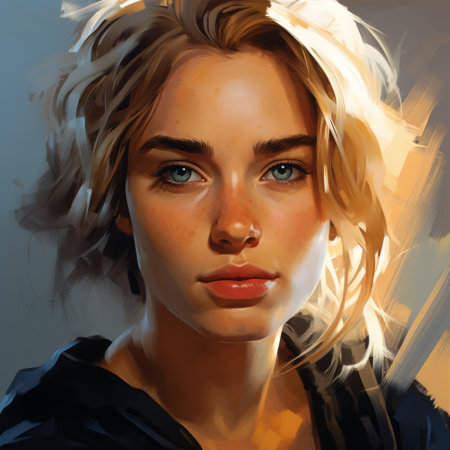 a stunning speedpainting-style artwork by michael malm and greg rucka featuring a woman gazing at her reflection in a mirror. the drawing showcases a strong facial expression and raw texture, with captivating character illustrations. the color palette of sky-blue and amber adds to the charm of this beautiful piece. ai generatedの素材