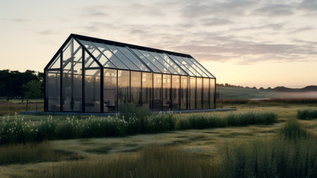 a transparent greenhouse stands gracefully in the middle of a field, showcasing its photorealistic rendering. with a light black and bronze color scheme, this danish-designed structure exudes elegance. captured in 32k uhd, the image emanates a serene and peaceful ambiance. the precise craftsmanship and subtle lighting add to its allure. ai generatedの素材