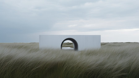 a white box stands amidst tall grass, showcasing sculptural architecture and danish design. the ethereal seascapes and chromatic landscapes surrounding it create a mesmerizing backdrop. with its arched doorways and layered surfaces, this image captures the essence of 8k resolution and offers a visually stunning experience. ai generatedの素材