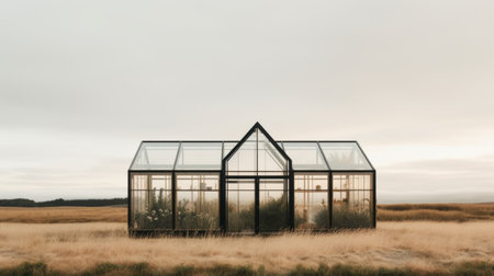 glass greenhouse in minimalist style, surrounded by lush green grass. this danish-designed structure showcases a moody tonalism, with floating structures and rustic naturalism. the dark gray and light amber hues create a captivating monochromatic masterpiece. ai generatedの素材