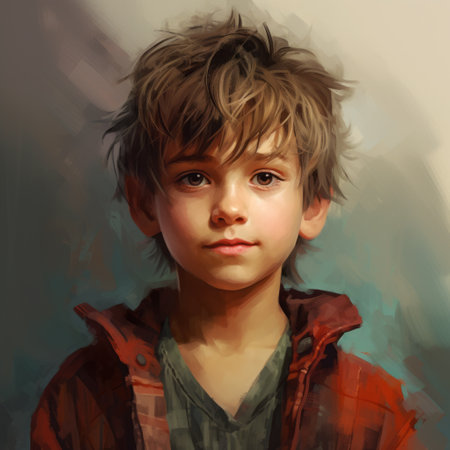 boy illustration with a unique face and hair, set against a warm brown background. inspired by the artistic styles of dmitri danish, ismail inceoglu, and maurice sendak, this commissioned artwork showcases a captivating blend of light gray and red tones. perfect for fans of painted illustrations, this piece captures the essence of creativity and imagination. turn on your rtx and immerse yourself in this enchantingの素材