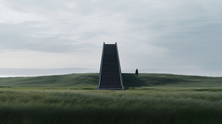 the stairway stretches across a serene grassy field, exuding a dark and moody atmosphere. this minimalist figuration, combined with hyper-realistic sci-fi elements, creates a captivating and visually stunning uhd image. the danish design influence is evident in its sleek and modern aesthetic, while the muted seascapes add an ominous vibe to the overall composition. ai generatedの素材