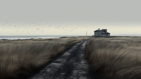 a beach scene featuring birds and a wooden cottage, captured in a gothic dark and moody style. this photorealistic rendering evokes the aesthetics of the farm security administration, with influences from flickr, andrew wyeth, and realistic landscapes. the image showcases soft, tonal colors and incorporates elements of photobashing. ai generatedの素材