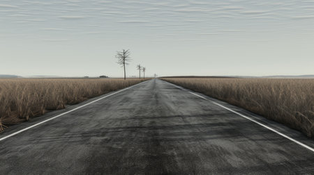 empty roads wind through a serene landscape of trees and grass, creating a minimalist composition in the style of hyperrealistic environments. with muted tones and photorealistic details, this image captures the essence of the midwest gothic aesthetic. the high horizon lines and dusty piles add depth to this 8k photograph. ai generatedの素材