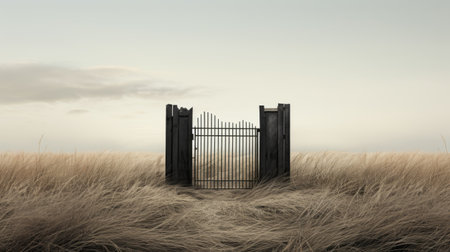 an open grave gate stands amidst dry grass, showcasing a surreal seascape-inspired style. this industrial photograph captures the essence of realistic landscapes with soft, tonal colors. the minimalist portrait of the gate creates a uhd image, while the naturalistic cityscapes and photo-realistic landscapes add depth to the composition. ai generatedの素材