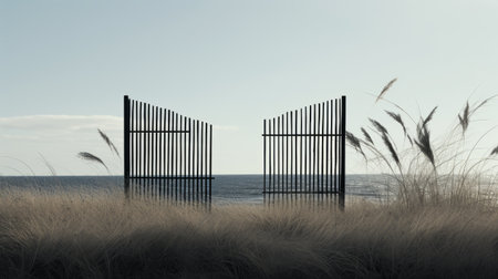 an old gate stands in front of tall grass, overlooking the ocean. this photo captures the essence of geometric minimalist sculptures with its symmetrical arrangements. rendered in maya, the image combines elements of transavanguardia and american tonalism. the installation creator has beautifully captured the serene oceanic vistas in this captivating composition. ai generatedの素材