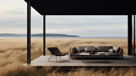 three chairs are artfully placed in a lush green field, showcasing a modern design with dark gray and dark amber tones. this captivating photograph by mikko lagerstedt captures the beauty of coastal views and the harmony between living materials and outdoor scenes. the streamlined design and uhd image quality make this picture truly captivating. ai generatedの素材