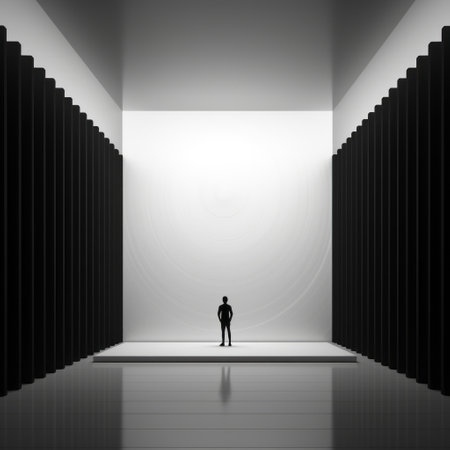 a silhouette of a guy standing in a dark room, showcasing a minimalist stage design. the image captures the essence of ambient occlusion and interdisciplinary installations. the rectangular fields and multimedia elements add depth to the composition. the use of light gray and black creates a realist lifelike accuracy. ai generatedの素材