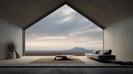 concrete interior with a stunning view of the sea and sky. the design draws inspiration from realistic landscapes, featuring soft, tonal colors like dark gray and beige. influenced by oriental minimalism, the space evokes a sense of tranquility. elements of max rive, fujishima takeji, cabincore, and mediterranean landscapes add to the overall aesthetic. ai generatedの素材