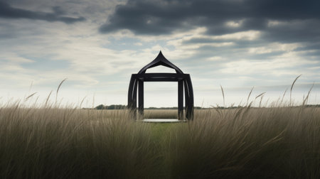 a fence stands amidst tall grass, showcasing a dark and brooding designer style. the unique framing and composition of this image, captured with a minolta riva mini camera, evoke a sense of floating structures. this uhd image reimagines religious art, drawing inspiration from new british sculpture. ai generatedの素材