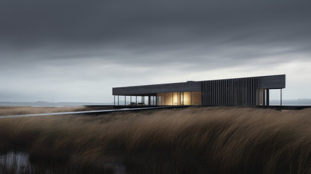 a wood cabin stands amidst tall grass during stormy weather. the scene, rendered in the style of octane render, showcases a palette of dark silver and light amber. inspired by dutch seascapes, the image captures expansive spaces and exudes a serene and peaceful ambiance. the panorama reflects an opulent minimalism. ai generatedの素材