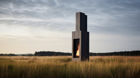 an open and sloping tower in a grassy field, inspired by the style of aron demetz. the sleek metallic finish adds a modern touch to this eco-friendly craftsmanship. with its design reminiscent of dutch seascapes, this tower captures the essence of nature. perfect for campcore enthusiasts and those seeking a tranquil escape. immerse yourself in the beauty of this structure while enjoying the immersive thxの素材