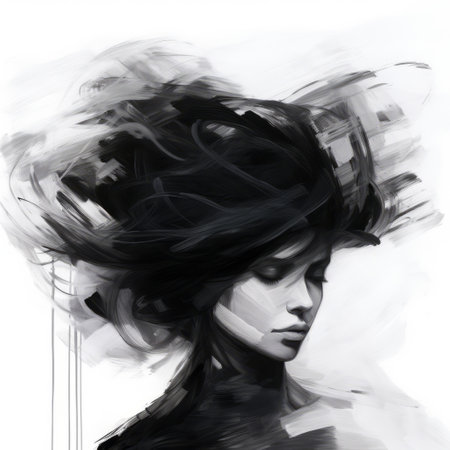 abstract girl of the ocean by ryan sullivan, a black and white speedpainting in the loose and gestural style of yanjun cheng. this historical illustration captures a dark and haunting atmosphere with a hatecore influence, using a dark palette to evoke a sense of mystery and intensity. ai generatedの素材
