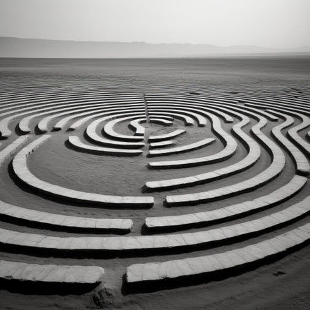 a photo showcasing a lincoln labyrinth featuring bricked labyrinths, presented in a monochrome abstraction style. this desertwave-inspired image captures the essence of a national geographic photo, highlighting the intricate details of maranao art. the horizons in the background add depth to the somber mood, emphasizing the grandeur of this large-scale sculpture. ai generatedの素材