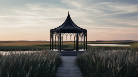 a sculpture stands in the middle of the grass as the sun sets, showcasing the intricate architecture in the style of suffolk coast views and gothic illustration. this uhd image by lev lagorio captures the confessional-like structure with its dark black and aquamarine tones, creating a mesmerizing visual experience. ai generatedの素材