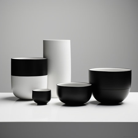 a group of black and white ceramics, featuring minimal retouching and a glossy finish. these ceramics showcase an industrial design aesthetic, with a touch of vray rendering. ai generatedの素材